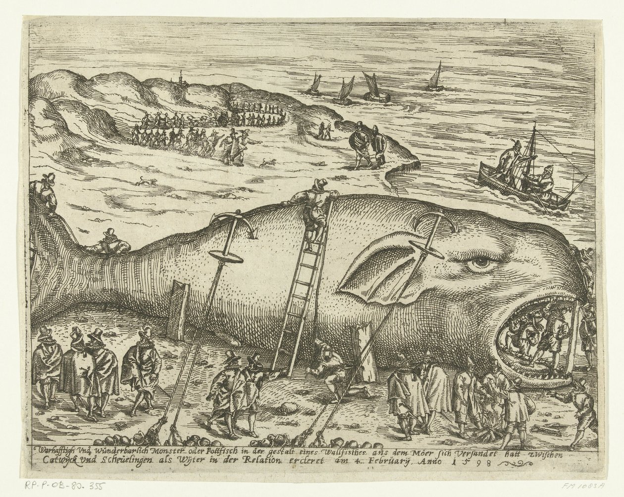 Strandet Walvis nær Berckhey, 1598 Warhafttigh And Wonderful Monster eller Pottfisch i form av en hval, som Möer hadde silt opp fra mellom Catwyck og Schevelingen som Wyter i forholdet ercleret 4. februar, Anno 1598 (tit). av Anonymous