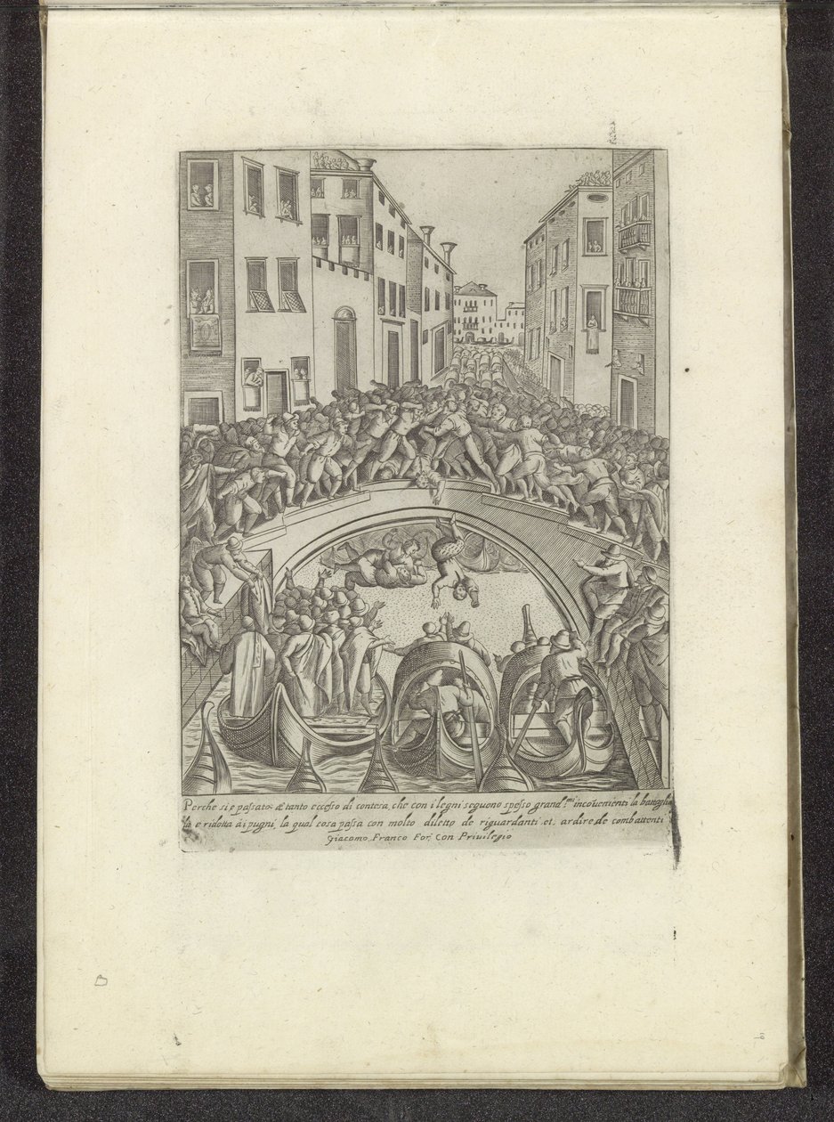 Gevecht på en bruk te Venetië Scènes uit het Venetiaanse leven (serietittel) Vaner for menn og venetianske kvinner med prosesjonen til Ser. ma Signoria og andre detaljer, dvs. triumfer, festivaler og offentlige seremonier i den adelige byen Venezia (s) av Anonymous