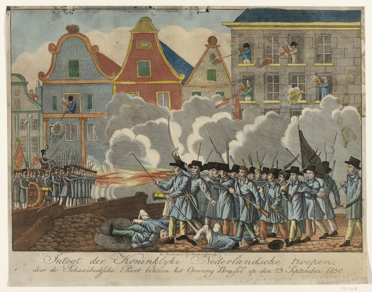Kamp ved Schaerbeekse Poort i Brussel, 1830 Intogt der Royal Dutch tropper, gjennom Schaerbeeksche Poort i det opprørske Brussel 23. september 1830 (tittel på objekt) av Anonymous