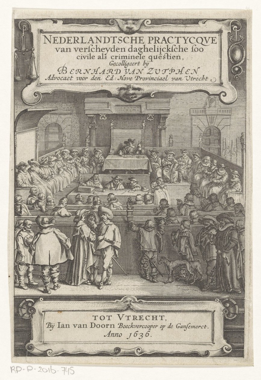 Ansikt i en rettssal Tittelside for: Bernard van Zutphen, Nederlantsche practycque van verscheyden daghelijcksche soo civile als criminal questien, 1636 (serietittel) av Anonymous