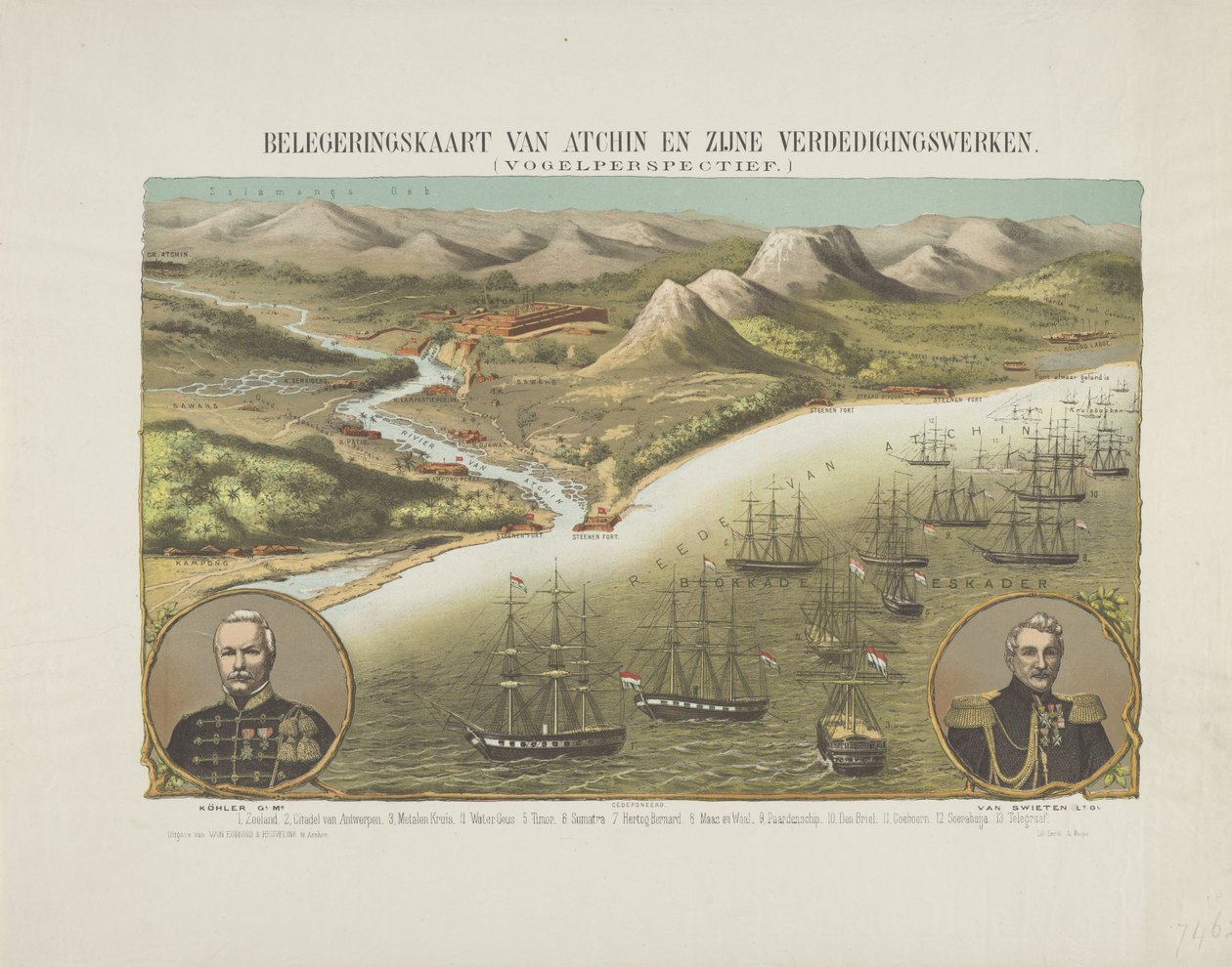 Utsikt over Aceh under den andre Aceh-ekspedisjonen, 1873-1874 Beleiringskart over Atchin og hans forsvar. (Fugleperspektiv.) (tittel på objekt) av Anonymous