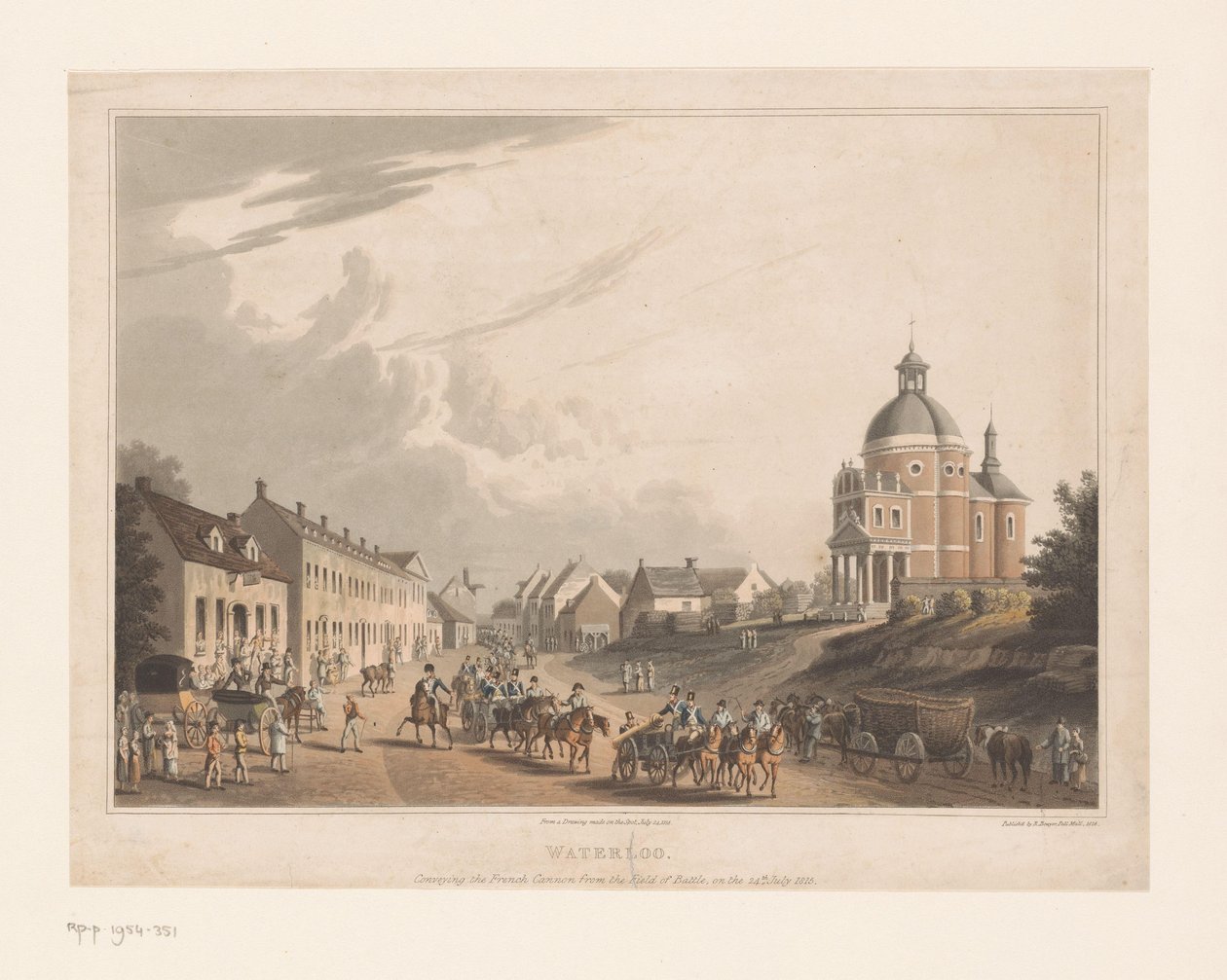 Utsikt over Waterloo hvor franske tropper flytter en kanon waterloo. Formidling av den franske kanonen fra kampfeltet, 24. juli 1815 (tittel på objekt) av Anonymous