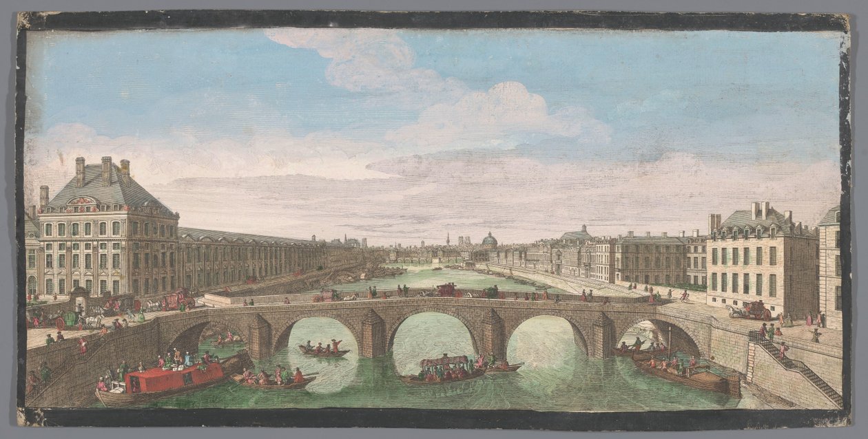 Utsikt over Pont Royal over elven Seinen i Paris, med utsikt mot Pont Neuf Vuë Privé de Paris, prize du Pont Royal regardant vers le Pont Neuf (tittel på objekt) av Anonymous