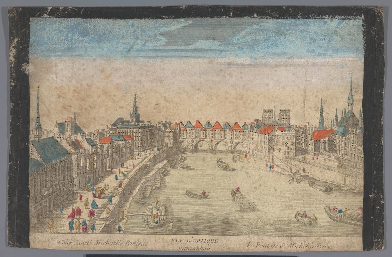 Utsikt over den bebygde Pont Saint-Michel over elven Seinen i Paris Vue d