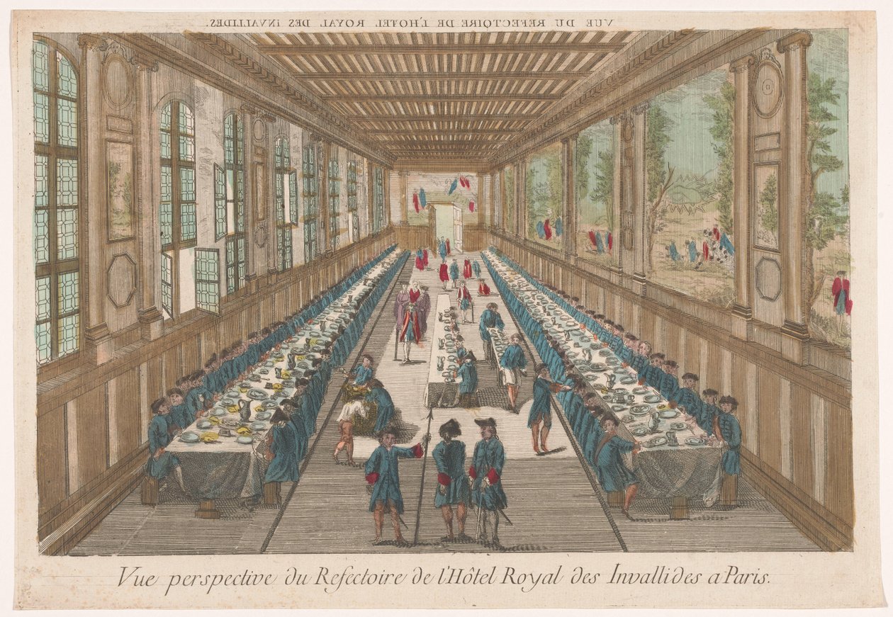 Utsikt over spisesalen til Hôtel des Invalides i Paris med en gruppe som spiser Vue perspective du refectoire de l