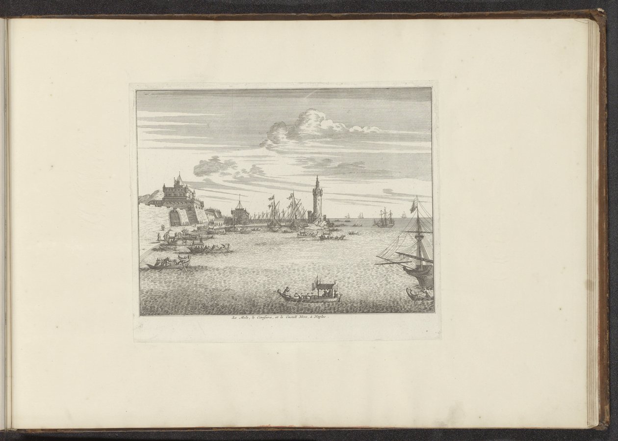 Utsikt over havnen med et fyrtårn og et palass i Napoli Le Mole, le Cinosura, et le Castell Novo, à Napoli (tittel på objekt) Palasser og monumenter i Venezia, Livorno, Napoli og Roma (serietittel) av Anonymous