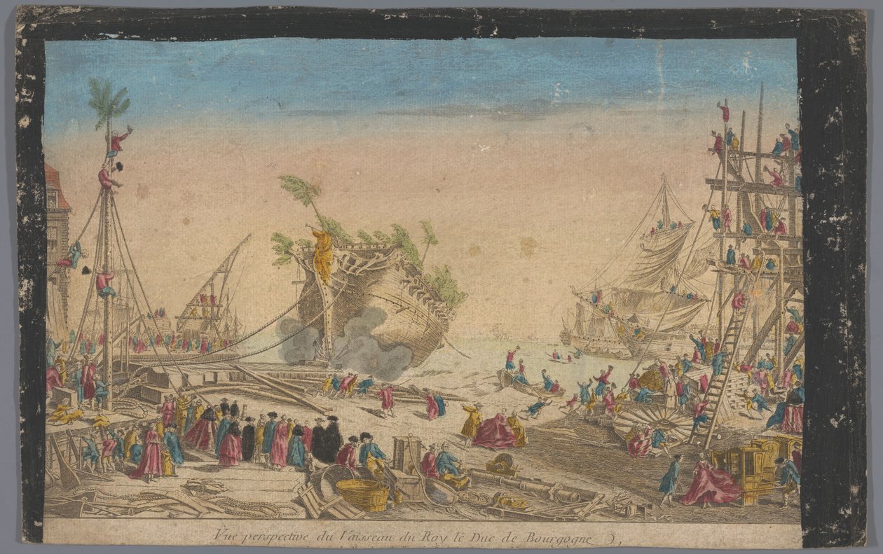 Utsikt over havnen i Rochefort med enden av skipet Duc de Bourgogne 20. oktober 1751 Vue perspective du vaisseau du roy le Duc de Bourgogne (tittel på objekt) av Anonymous