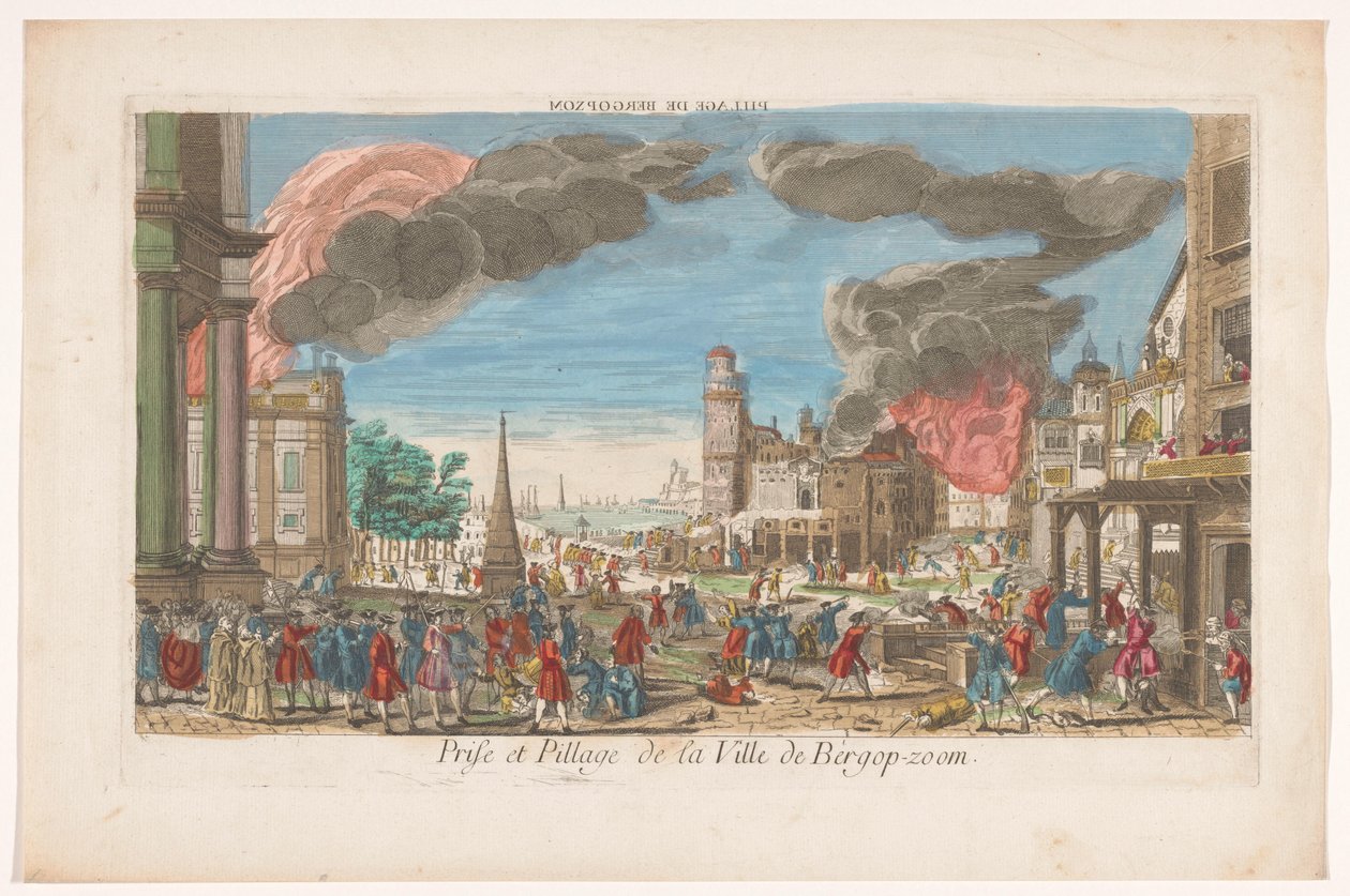 Utsikt over fangsten og plyndringen av Bergen op Zoom av franskmennene i 1747 Pillage de Bergopzom (tittel på objekt) av Anonymous