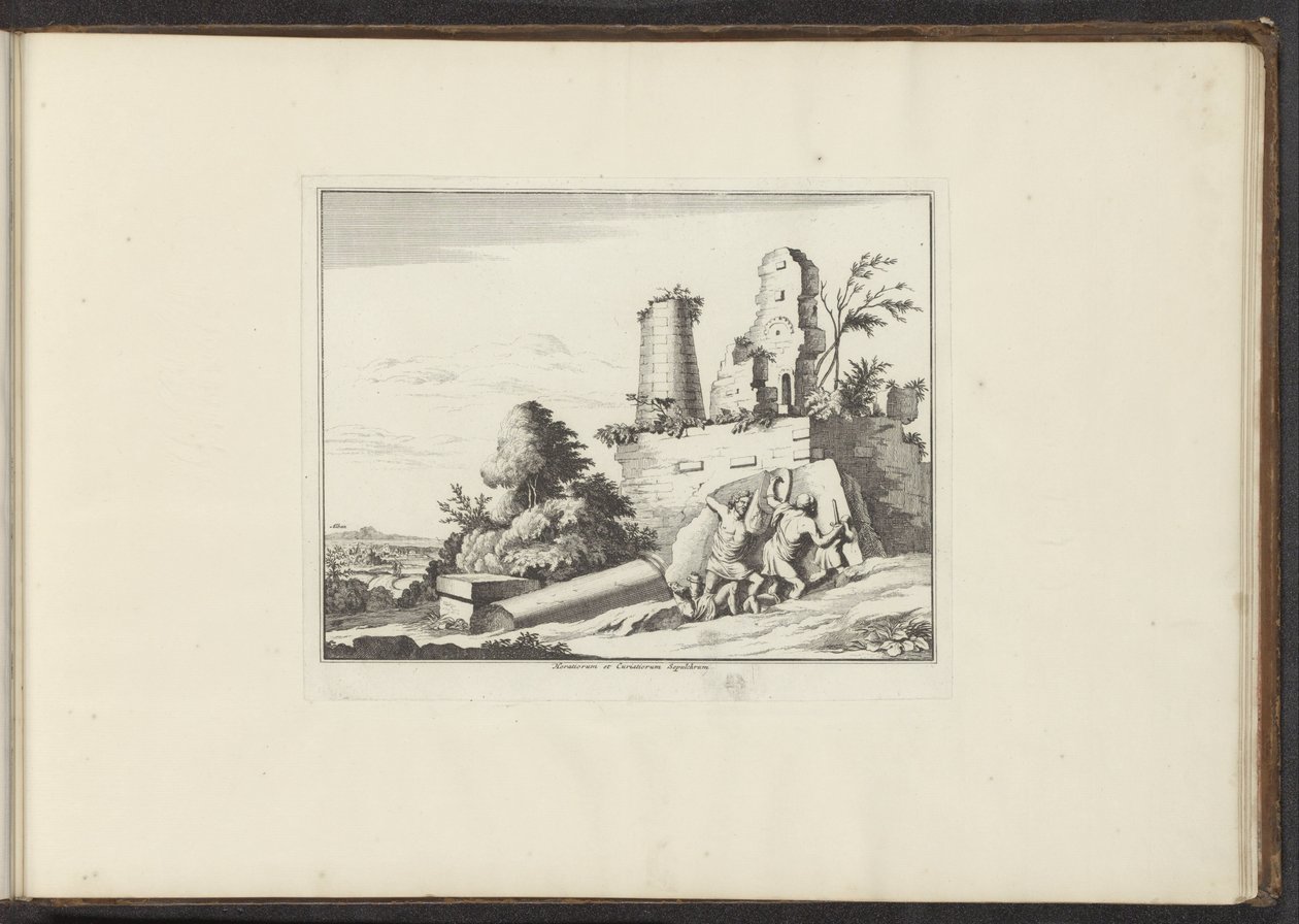 Utsikt over ruinen av graven til Horatii og Curatii i Roma Horatiorum et Curatiorum Sepulchrum (tittel på objekt) Palasser og monumenter i Venezia, Livorno, Napoli og Roma (serietittel) av Anonymous