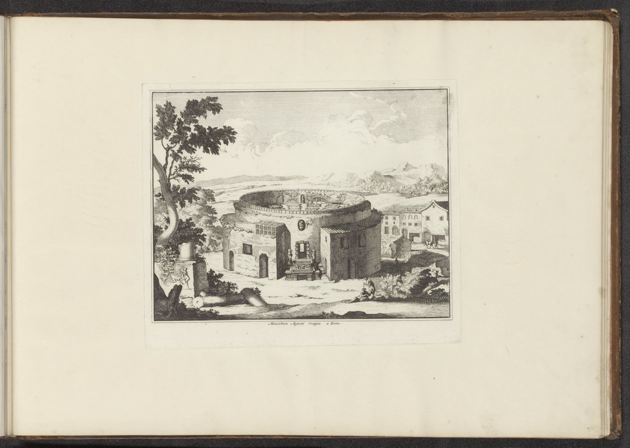 Utsikt over ruinene av Augustus mausoleum i Roma Mausoleum Augusti Vestigia i Roma (tittel på objekt) Palasser og monumenter i Venezia, Livorno, Napoli og Roma (serietittel) av Anonymous