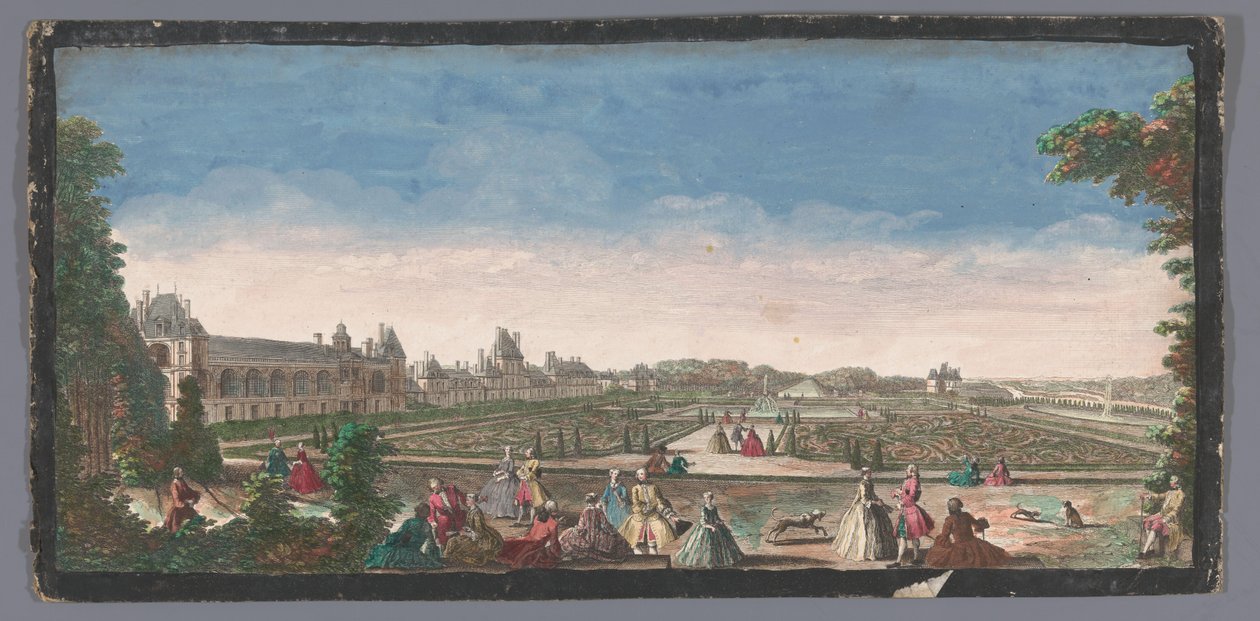 Utsikt over hagen på Palace of Fontainebleau Utsikt over en del av Château de Fontainebleau og parterren (tittel på objekt) av Anonymous