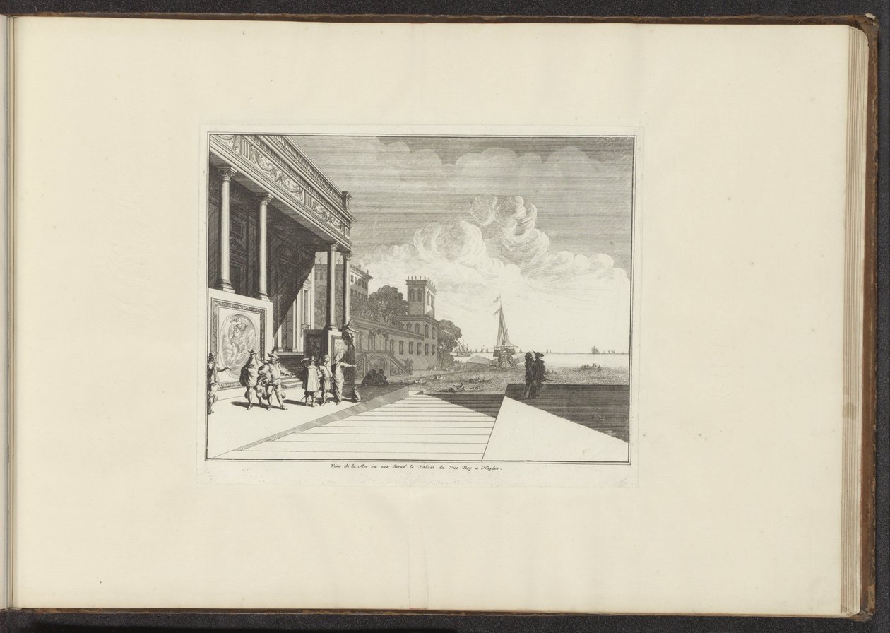 Utsikt over et palass ved kysten i Napoli Veue de la Mer ou est Situé le Palais du Vice Roy à Napoli (tittel på objekt) Palasser og monumenter i Venezia, Livorno, Napoli og Roma (serietittel) av Anonymous