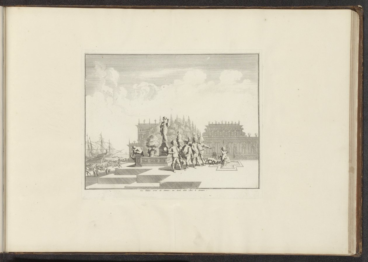 Utsikt over et palass og statuer ved vannkanten i Genova Le Palais orné de Statues, au bord dela Mer à Gennes (tittel på objekt) Palasser og monumenter i Venezia, Livorno, Napoli og Roma (serietittel) av Anonymous