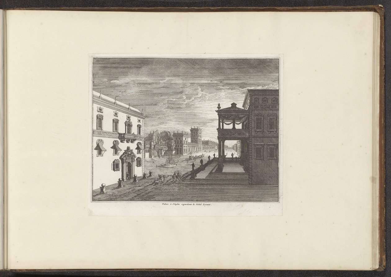 Utsikt over et palass i Napoli ved solnedgang Palais à Napoli guvernør le Soleil Levant (tittel på objekt) Palasser og monumenter i Venezia, Livorno, Napoli og Roma (serietittel) av Anonymous