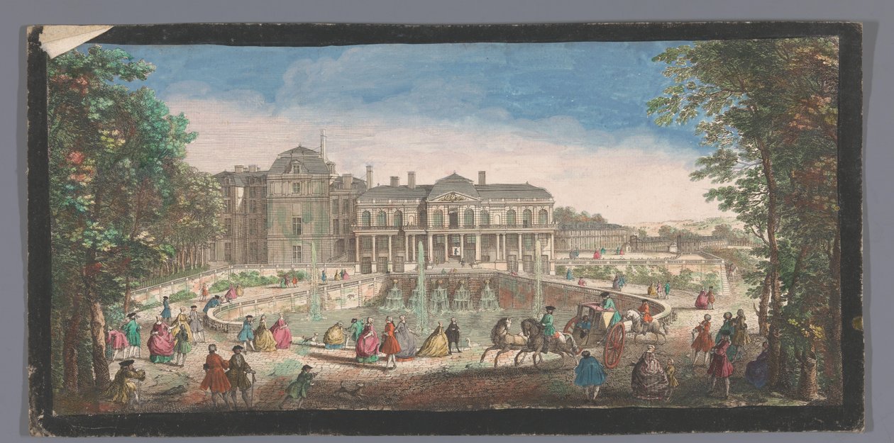 Se på Château de Saint-Cloud sett fra Chemin de Versailles Utsikt over en av vingene til Chateau de St. Cloud fra siden av hesteskoen eller Chemin de Versaille (tittel på objektet) av Anonymous