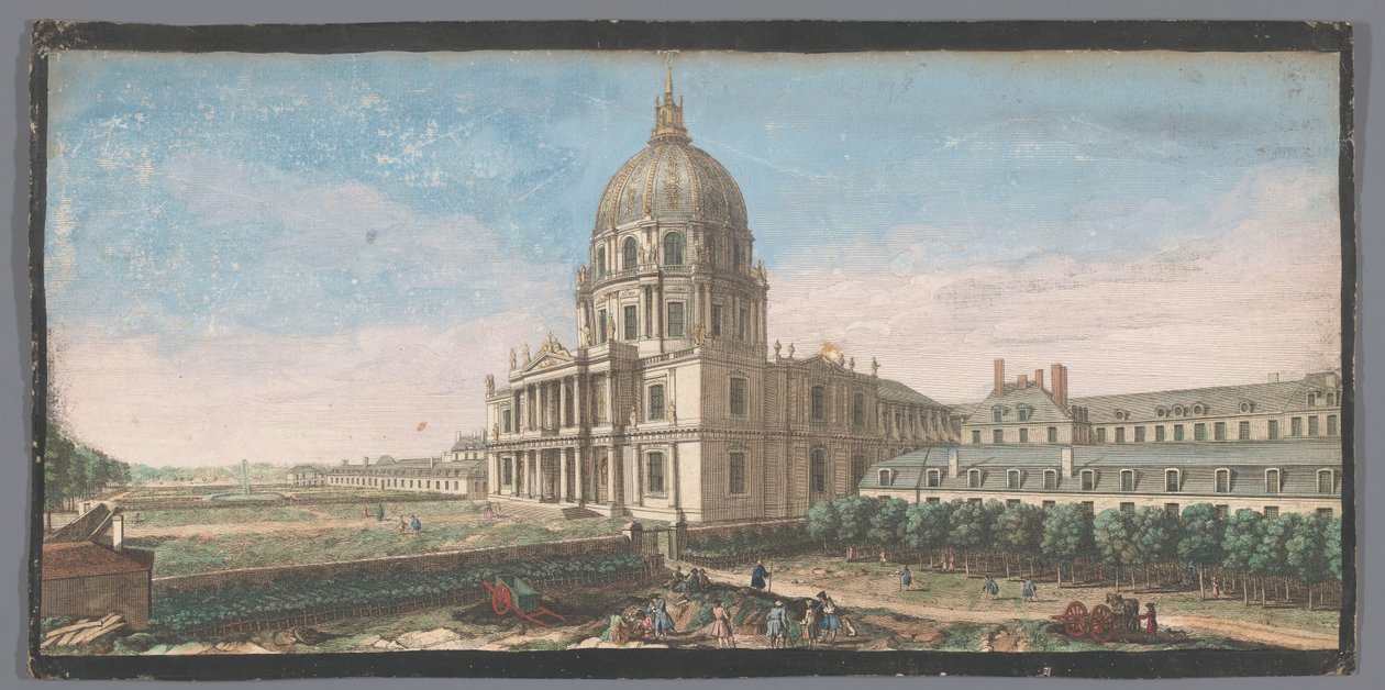 Se på Hotel des Invalides i Paris Utsikt over frontispicen til kirkens kuppel, og en del av bygningene til Hôtel Royal des Invalides (tittel på objekt) av Anonymous