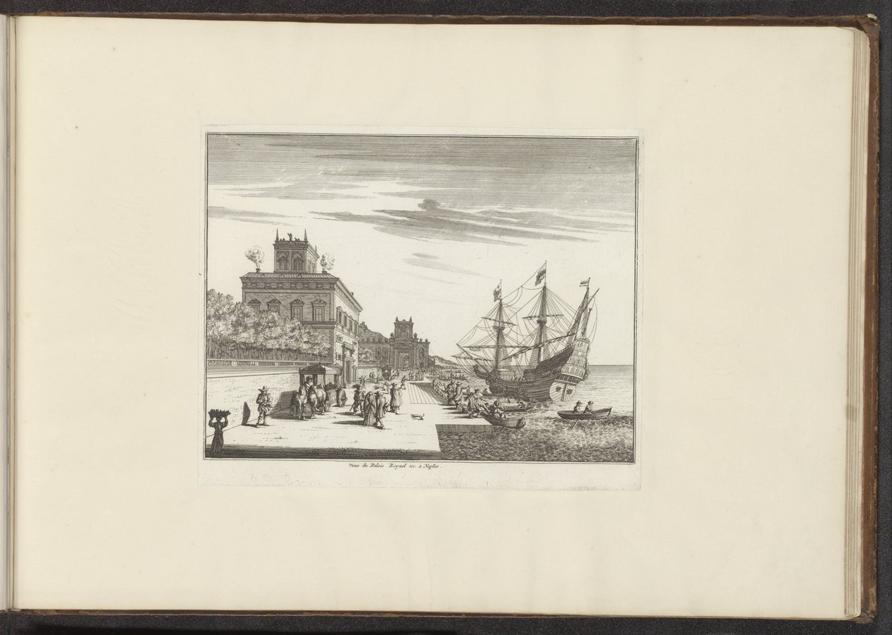Utsikt over det kongelige palasset ved strandpromenaden i Napoli Veue du Palais Royael &c: à Napoli (tittel på objekt) Palasser og monumenter i Venezia, Livorno, Napoli og Roma (serietittel) av Anonymous