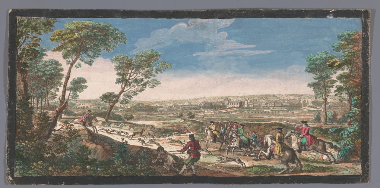 Se på Palace of Fontainebleau Generell utsikt over Fontainebleau tatt fra toppen av det motsatte fjellet på siden av parterren (tittel på objekt) av Anonymous