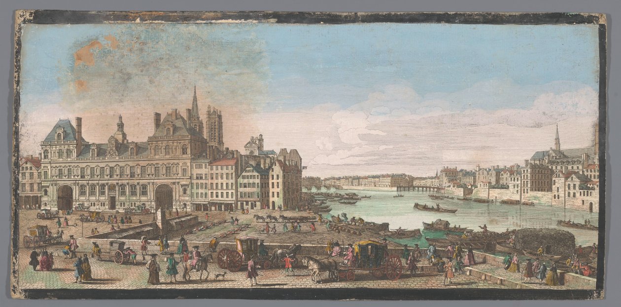Utsikt over rådhuset og elven Seinen i Paris Utsikt over Hotel de ville de Paris. Où l'on voit dans l'oignement le Pont Marie et le Pont de Bois dit le Pont Rouge (tittel på objekt) av Anonymous