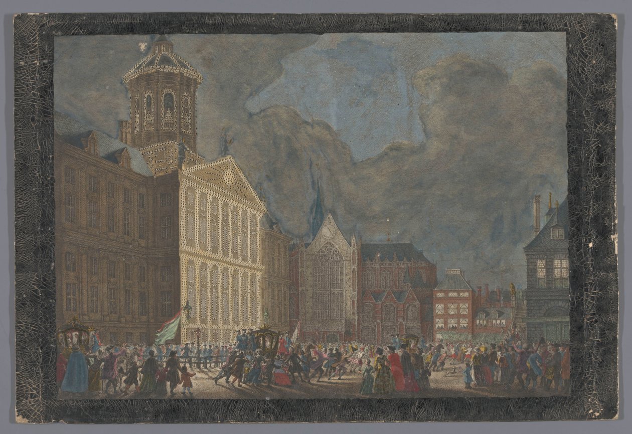 Utsikt over rådhuset i Amsterdam med ankomsten av William V og Wilhelmina av Preussen på Damplassen 31. mai 1768 av Anonymous