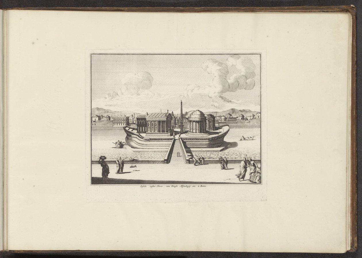 Utsikt over Tiberøya i Roma Insula instar Navis, cum Templo Aesculapij. etc: à Roma (tittel på objekt) Palasser og monumenter i Venezia, Livorno, Napoli og Roma (serietittel) av Anonymous