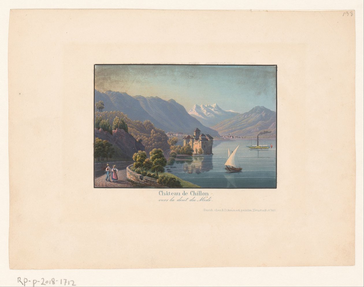 Utsikt over Chillon kasteel Castle Châteay de Chillon vers la dent du midi (tittel på objekt) av Anonymous