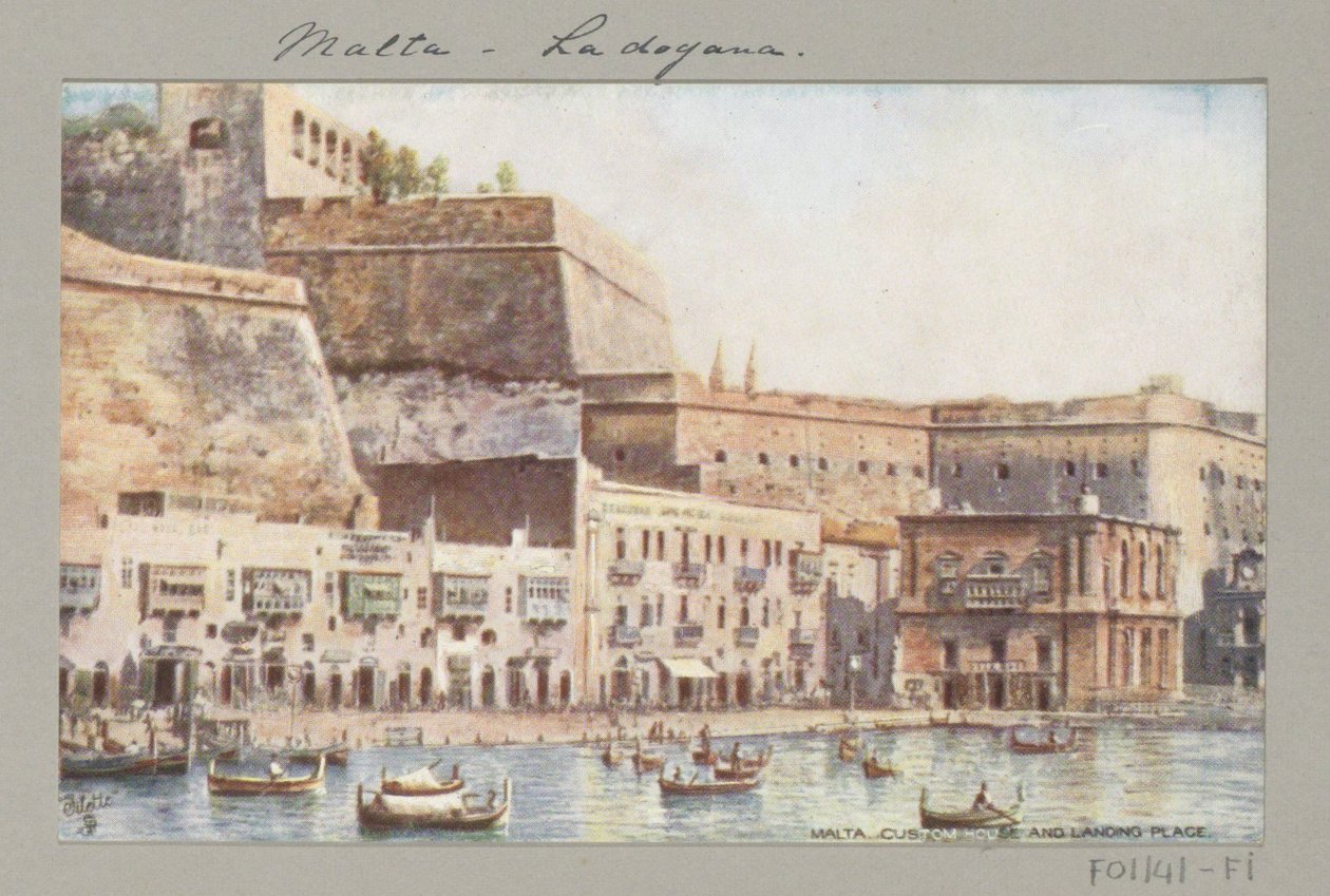 Utsikt over kysten av Malta med brygge og tollbygning Malta. Egendefinert hus og landingssted (tittel på objekt) av Anonymous