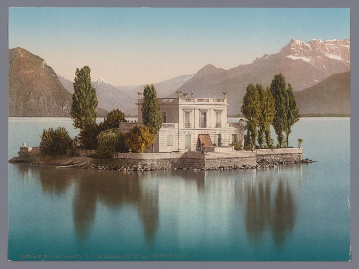Utsikt over Île de Salagnon i Genfersjøen, i bakgrunnen Dents du Midi lac Léman, Ile de Salagnon et la Dent du Midi (tittel på objekt) av Anonymous