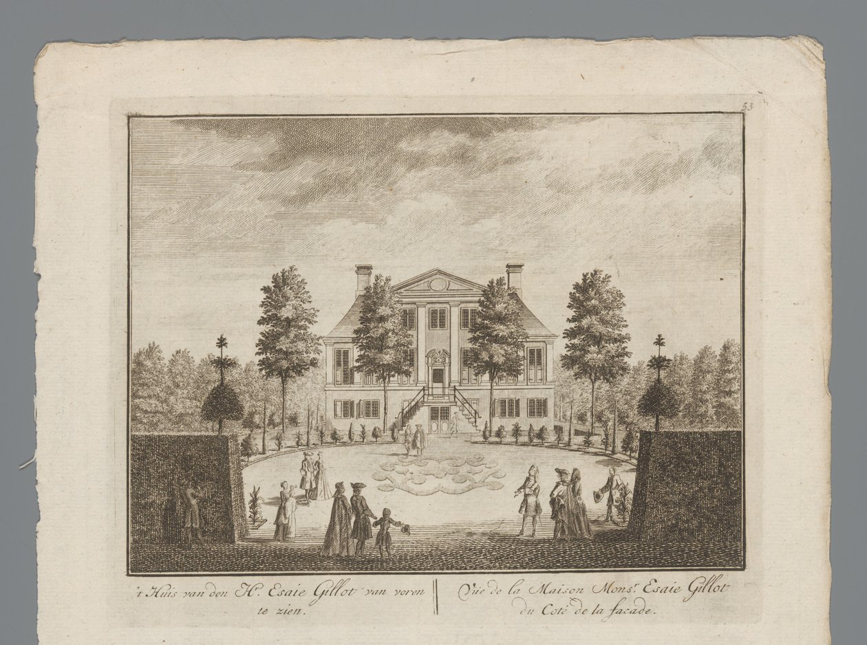 Utsikt over landstedet av Esaie Gillot Huset til Mr. Esaie Gillot sett forfra / Vüe de la Maison Monsr. Esaie Gillot du Coté de la fasade (tittel på objekt) Innsiden av kabinettet til Mr. Esaie Gillot / Vüe de la Maison de M av Anonymous