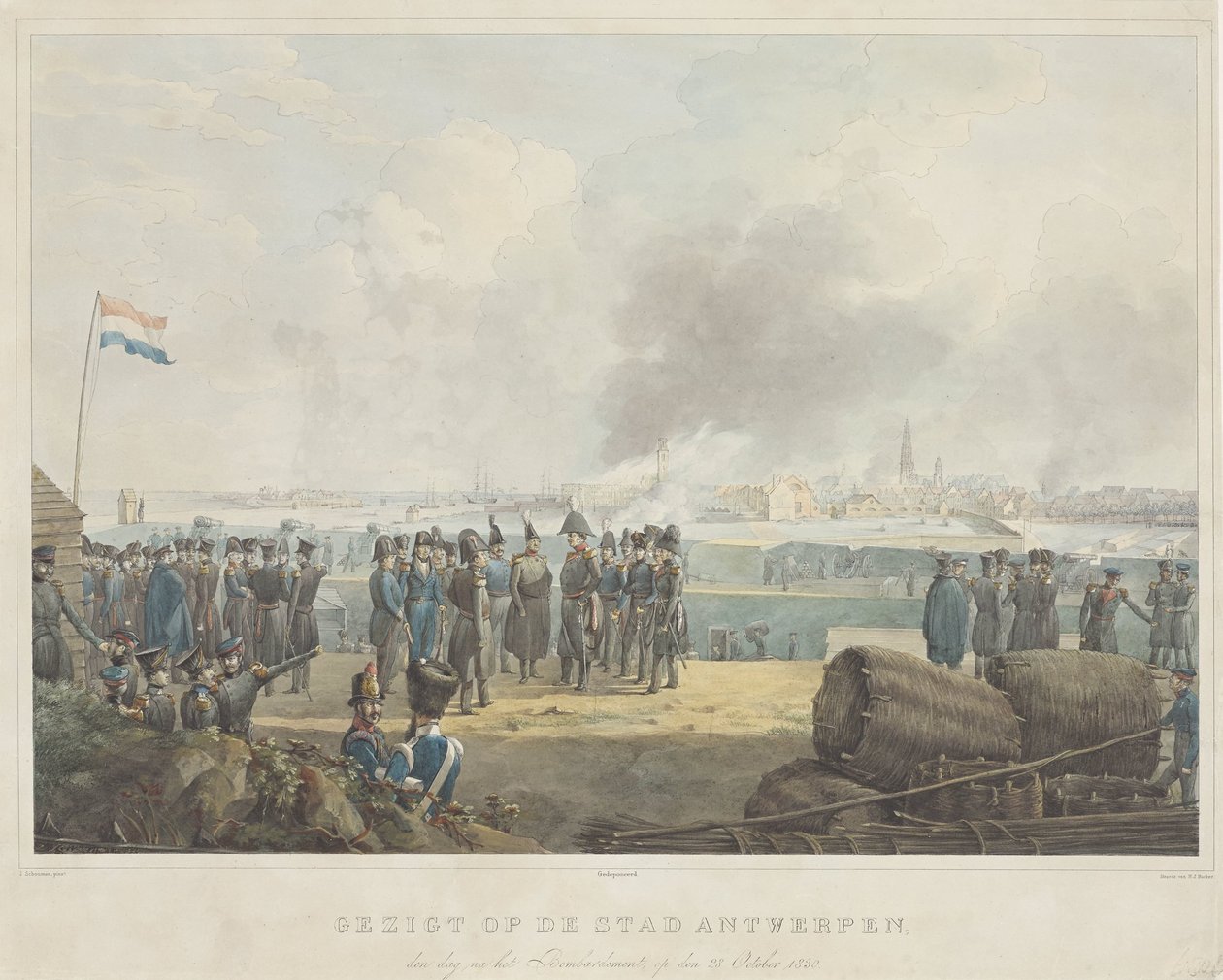 Utsikt over byen Antwerpen, dagen etter bombardementet, 28. oktober 1830 (tittel på objekt) av Anonymous