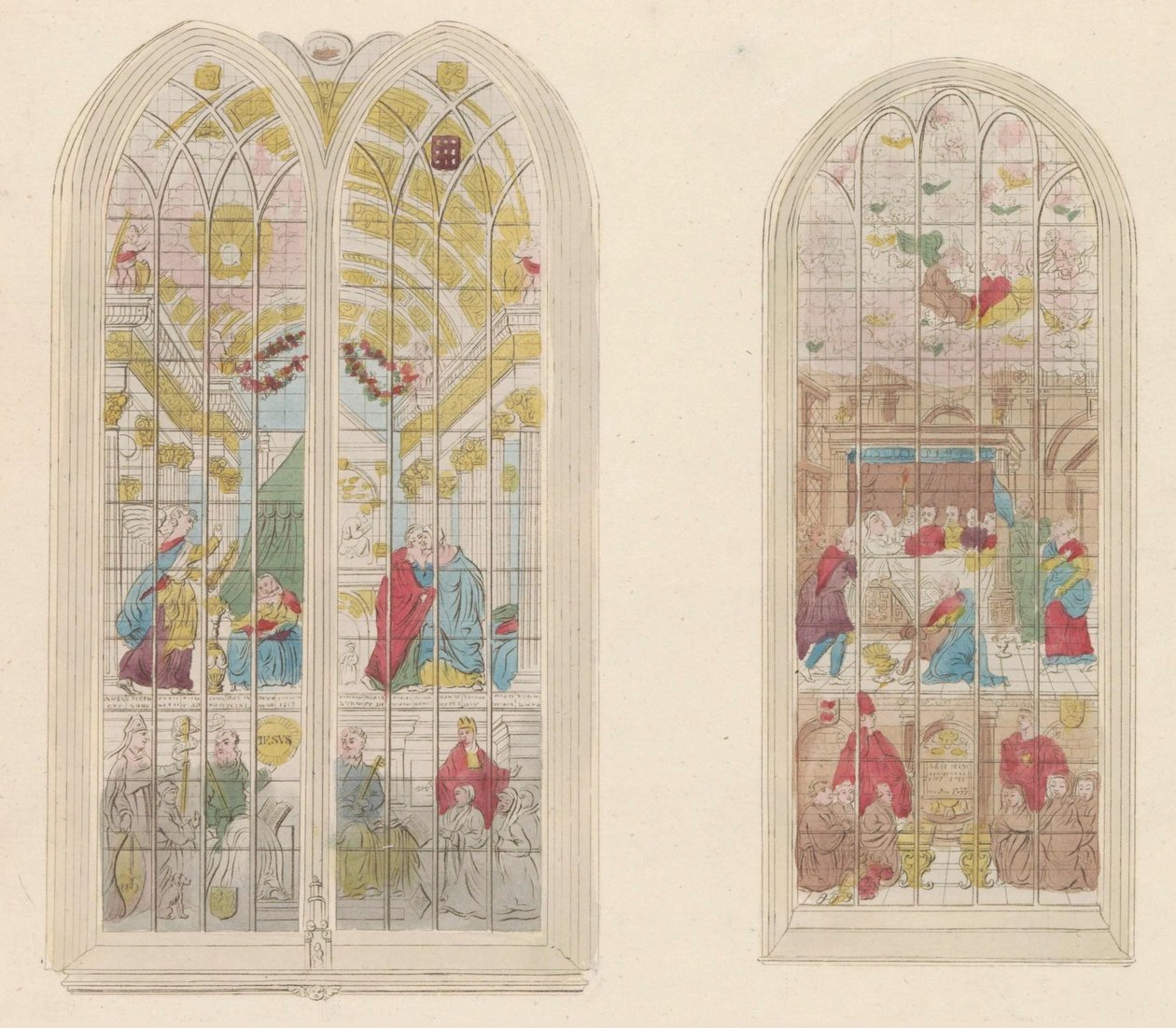 Glasramen i de Oude Kerk te Amsterdam, 1810-1825 Representasjon av de berømte malte vinduene i den gamle kirken (tittel på objekt) av Anonymous