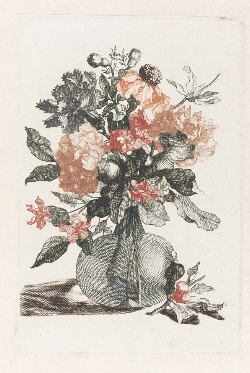 Glassvase med blomster og en gren med blomst foran vasen av Anonymous