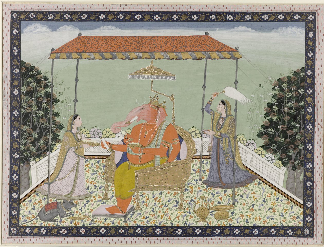 Gud Ganesha (Ganapati) med elefantsnabel med sine to tjenestepiker Siddhi og Buddhi sittende under en balkong av Anonymous