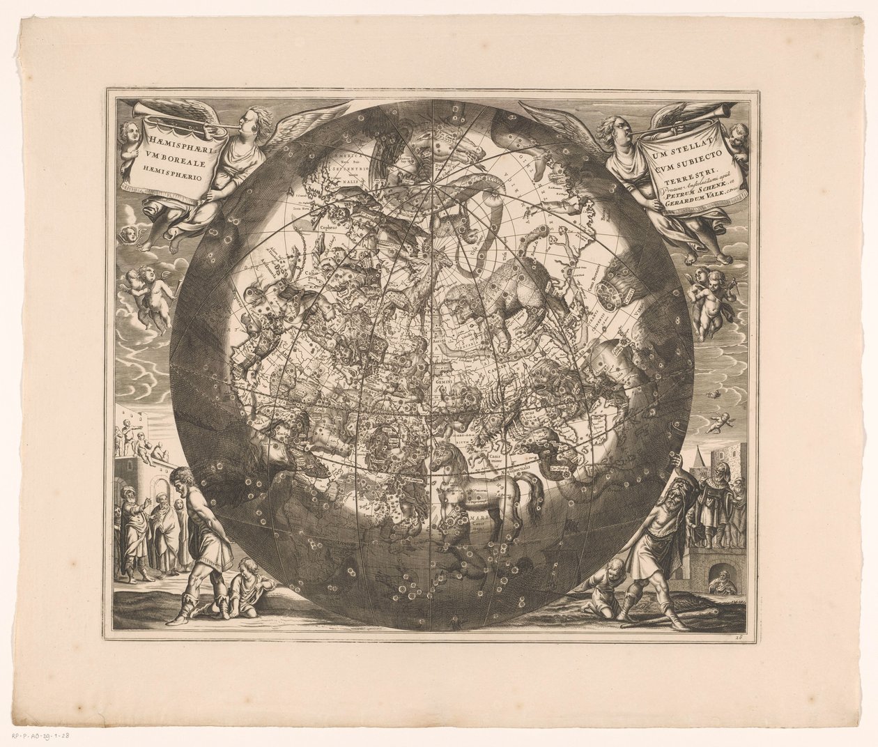 Himmelkart med de nordlige stjernebildene Haemisphaerium stellatum boreale cum subiecto haemisphaerio terrestri (tittel på objekt) av Anonymous