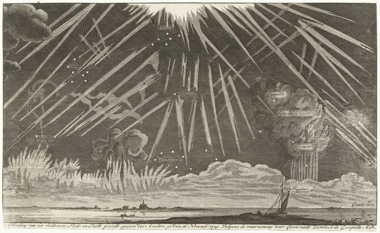Himmelfenomener, 1729 Bilde av Seldtzame Light and Sky-utsikten, sett om kvelden den 16. november: 1729. I følge observasjonen av Coenraadt Zumbach de Croesfeldt M.D. (tittel på objekt) av Anonymous