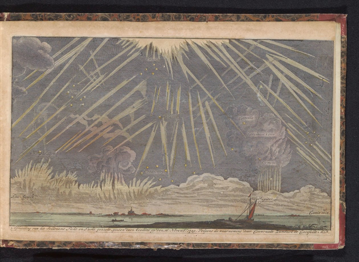 Hemelverschijnselen, 1729 Afbeelding van het Seldtzame Licht en Lucht gezicht, gezien des Avondts op den 16 Novemb: 1729. Volgens de waarneming door Coenraadt Zumbach de Croesfeldt M.D. (title on object)   1374127   no       norwegian Successfully Translat av Anonymous
