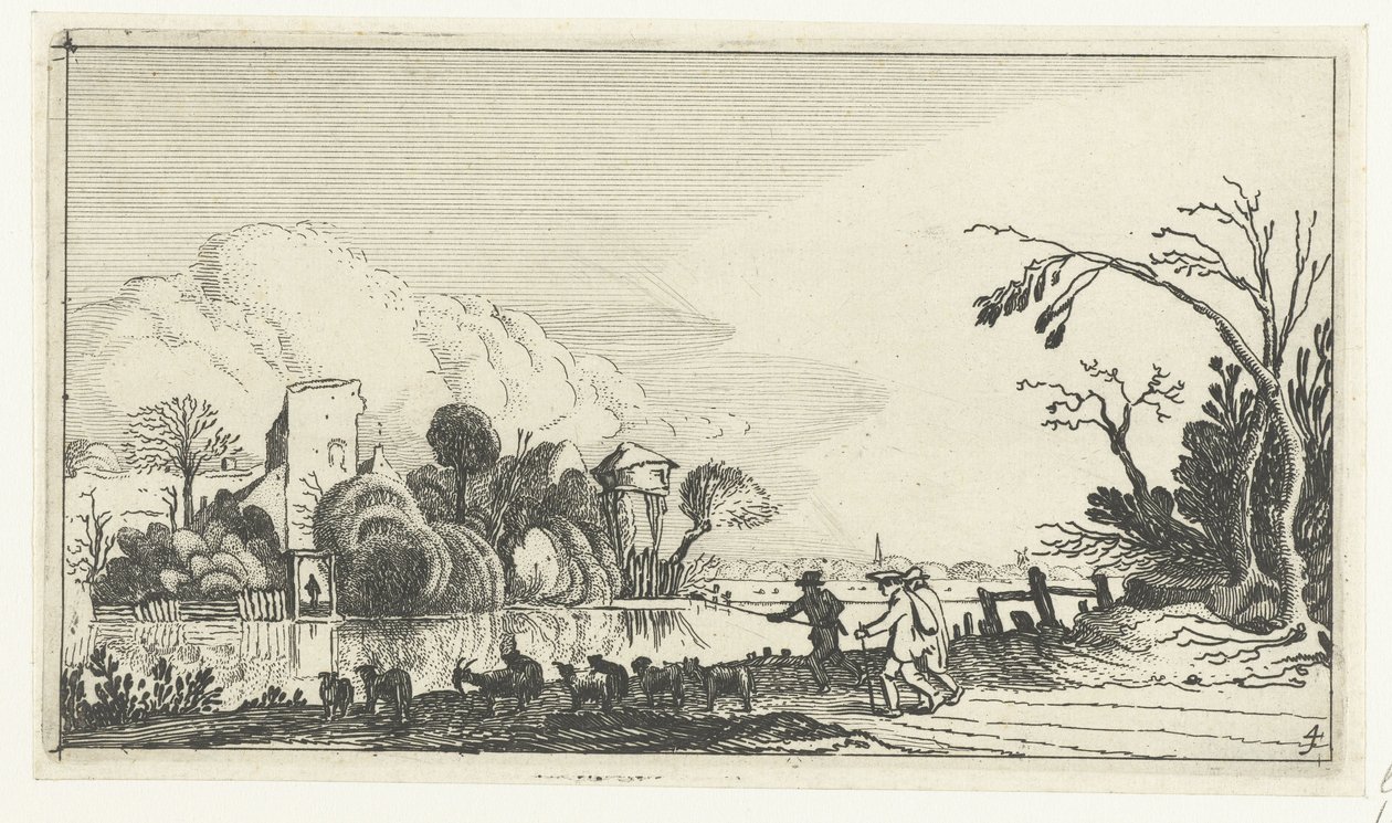 Gjeter med geiter og sauer ved en elv Landskap etter Esaias van de Velde (serietittel) av Anonymous
