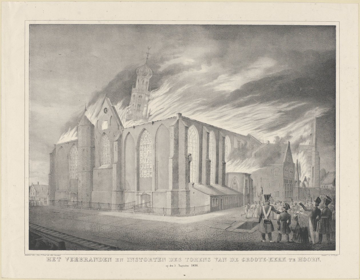 Brenning og kollaps av tårnene til Groote-Kerk i Hoorn, 3. august 1838 (tittel på objekt) av Anonymous