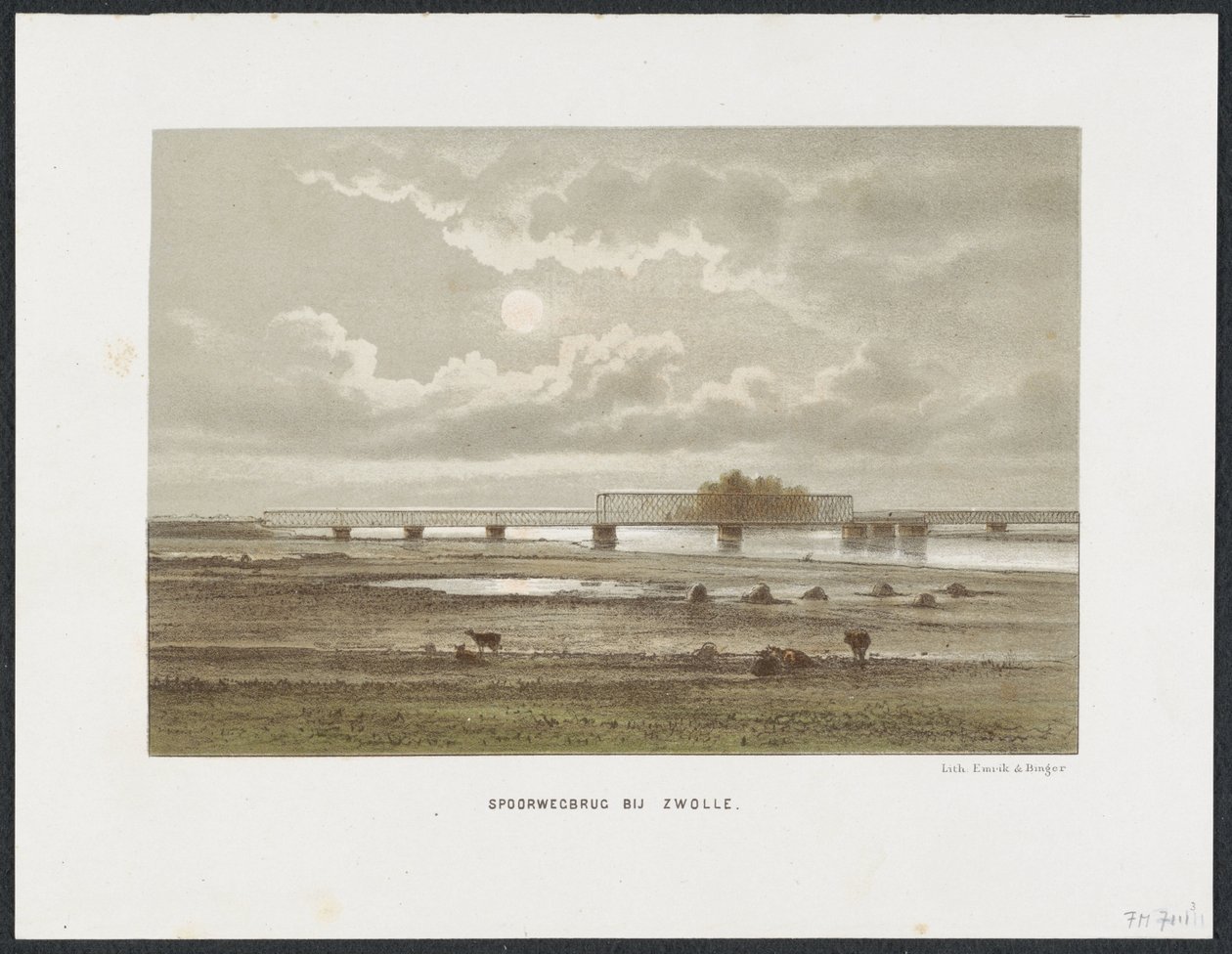 IJssel jernbanebro Zwolle, 1864 Jernbanebro nær Zwolle (tittel på objekt) Hovedjernbanebroene i Nederland (serietittel) av Anonymous