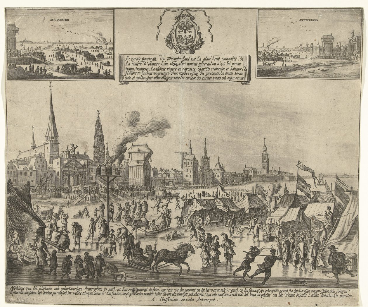 Isunderholdning på den frosne Schelde i Antwerpen, 1684 Le vray poutraict, du Triomphe faict sur la glace demy navigable, de la riviere d