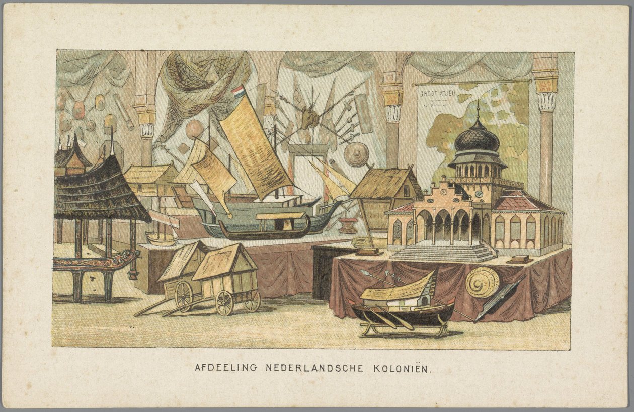I bygningen av de nederlandske koloniene på verdensutstillingen i Amsterdam, 1883 Avdeling for de nederlandske koloniene (tittel på objekt) Minne om Amsterdam i 1883 (serietittel på objekt) av Anonymous