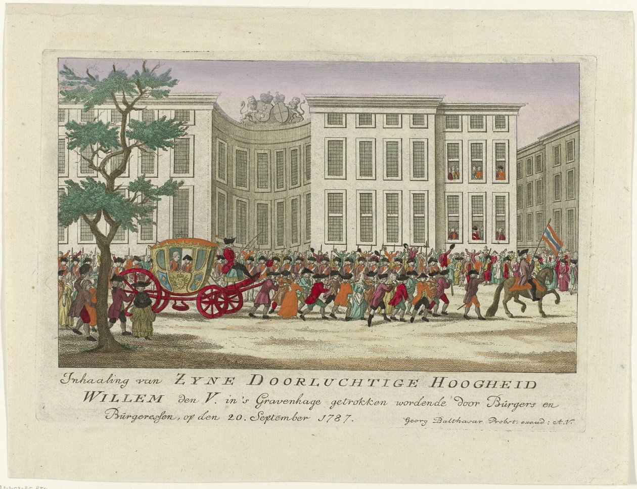 Overtakelse av prinsen av Orange, 1787 Overtakelse av Zyne Serene Highness Willem den V. blir trukket i Haag av Burgers og Burgeressen, den 20. september 1787 (tittel på objekt) Fargede tyske trykk om hendelsene i av Anonymous