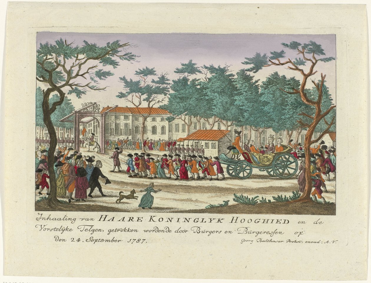 Overtakelse av prinsessen av Orange og barna, 1787 Overtaking av Haare Koninglyk Hooghied og Royal Scions, tegnet av Burgers og Burgeressen den 24. september 1787 (tittel på objekt) Tyske fargetrykk om arrangementet av Anonymous