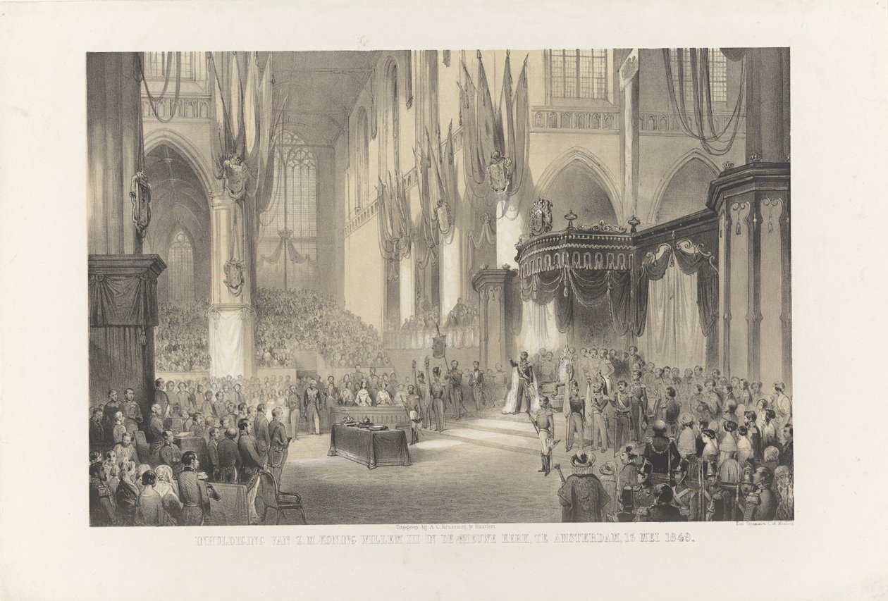 Innvielse av Hans Majestet Kong Willem III i Nieuwe Kerk, Amsterdam, 13. mai 1849 (tittel på objekt) av Anonymous