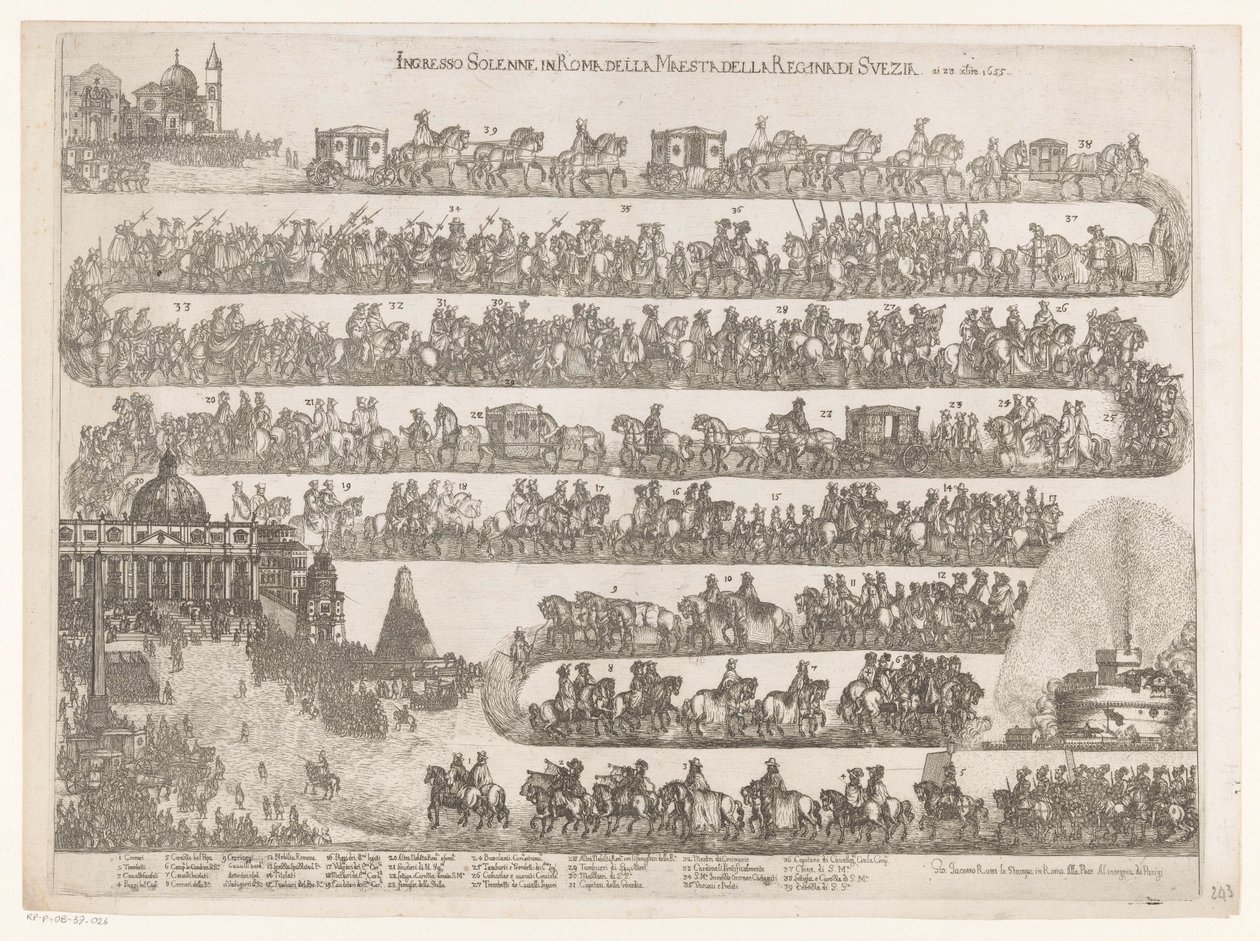 Dronning Christina av Sverige dro inn i Roma Ingresso Solenne i Roma della Maestra della Regina di Svezia ai 23 xbre 1655 (tittel på objekt) av Anonymous