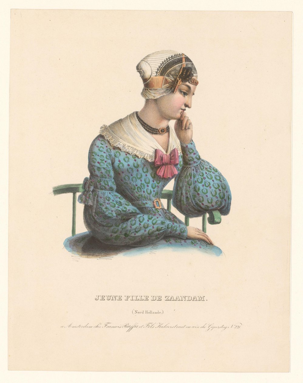 Ung kvinne i tradisjonell drakt fra Zaandam Jeune fille de Zaandam (Nord Hollande) (tittel på objekt) av Anonymous