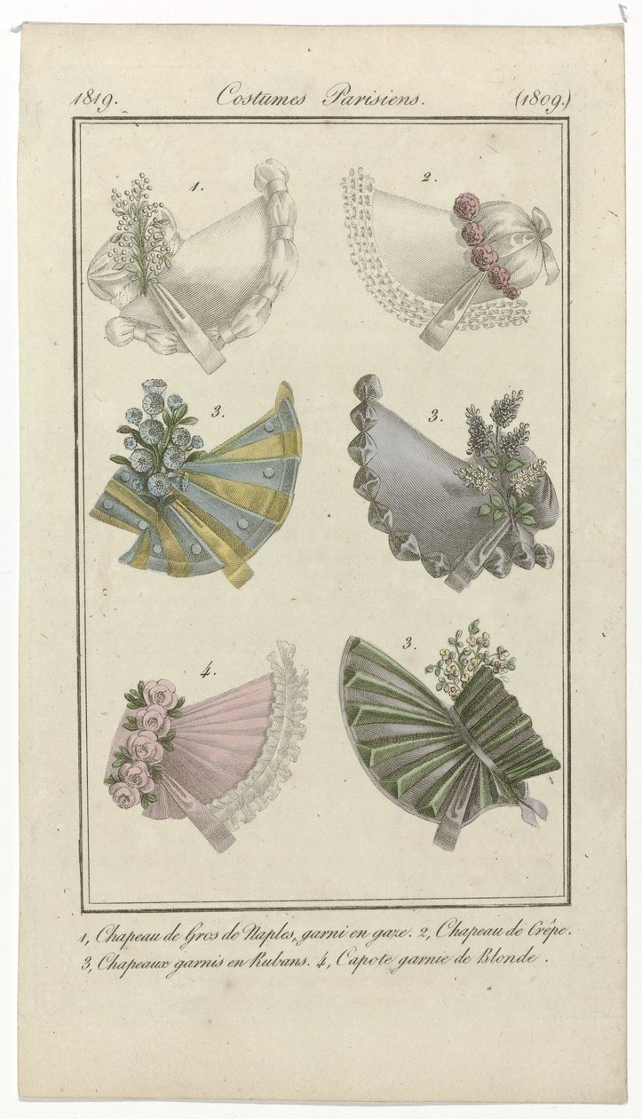 Journal des Dames et des Modes, Costumes Parisiens, 15. april 1819, (1809): 1, Gros de Naples Hat (...) av Anonymous