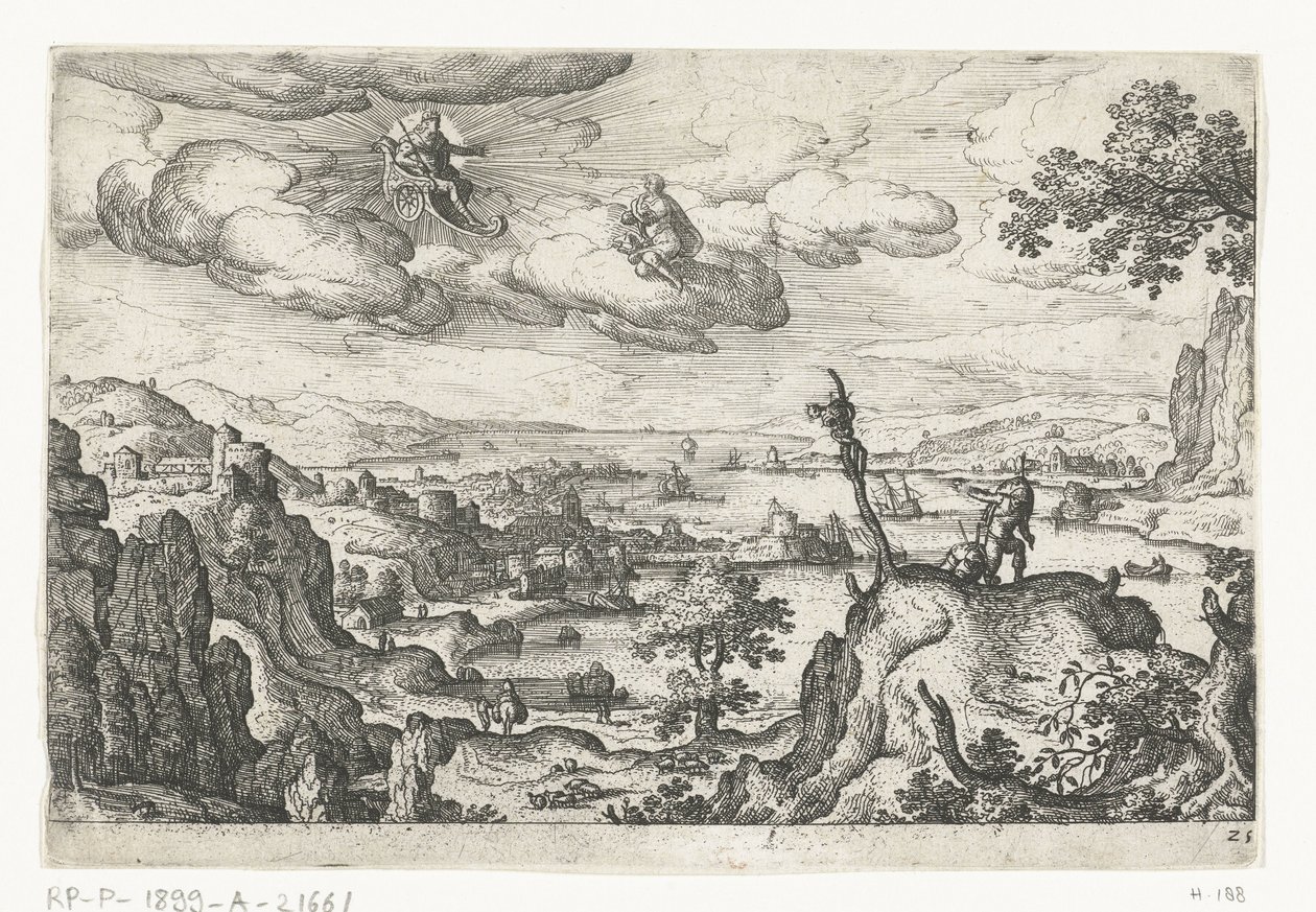 Jupiter i sin vogn og en annen Gud Landskap med mytologiske og bibelske scener (serietittel) av Anonymous