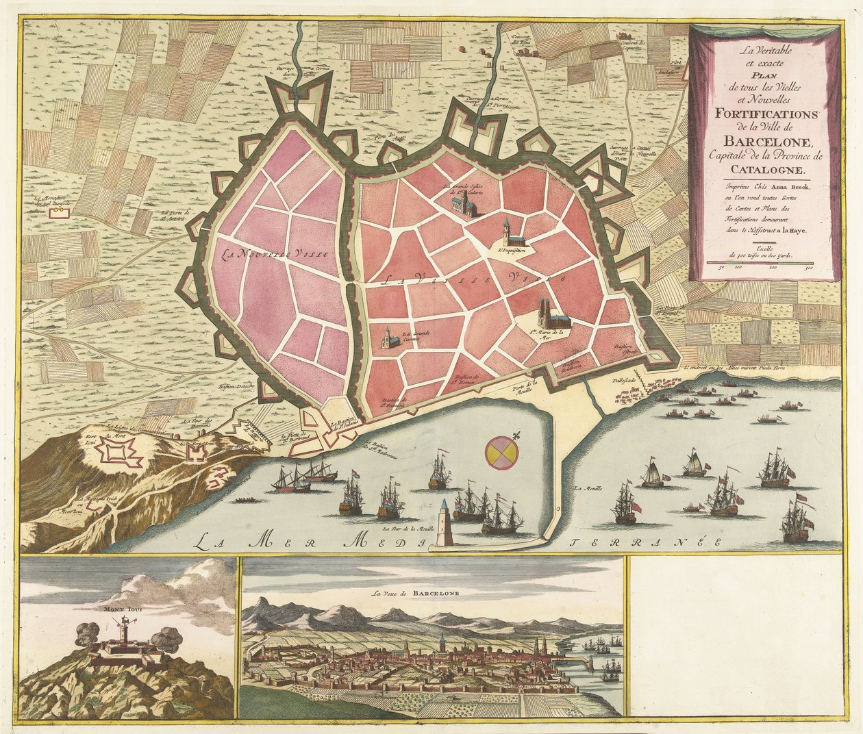 Kart fra Barcelona, ​​​​ca. 1706 Den sanne og nøyaktige planen for alle de gamle og nye festningsverkene i byen Barcelona, ​​hovedstaden i provinsen Catalonia (tittel på objekt) av Anonymous
