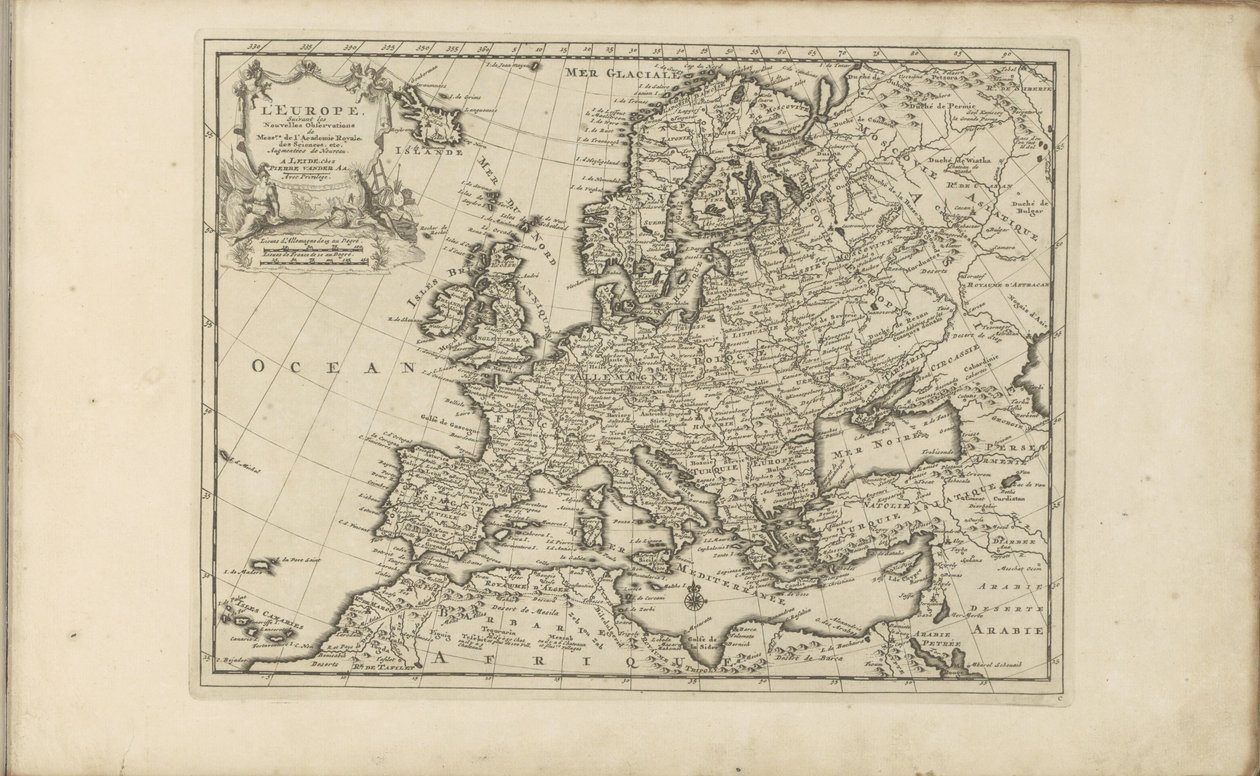 Kart av Europa Europa ifølge de nye observasjonene fra herrer fra Royal Academy of Sciences, etc. Augmented New (tittel på objekt) Øst- og Vestindia og andre steder (serietittel) av Anonymous